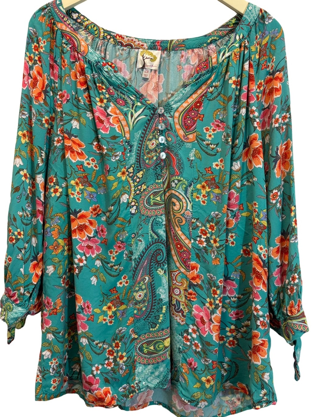 Fig & Flower Anthropologie Bold Paisley Boho Tunic Sz 2X Top Teal Multi Peasant